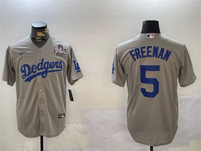 Mens Los Angeles Dodgers #5 Freddie Freeman Grey 2024 World Series Cool Base Stitched Baseball Jersey